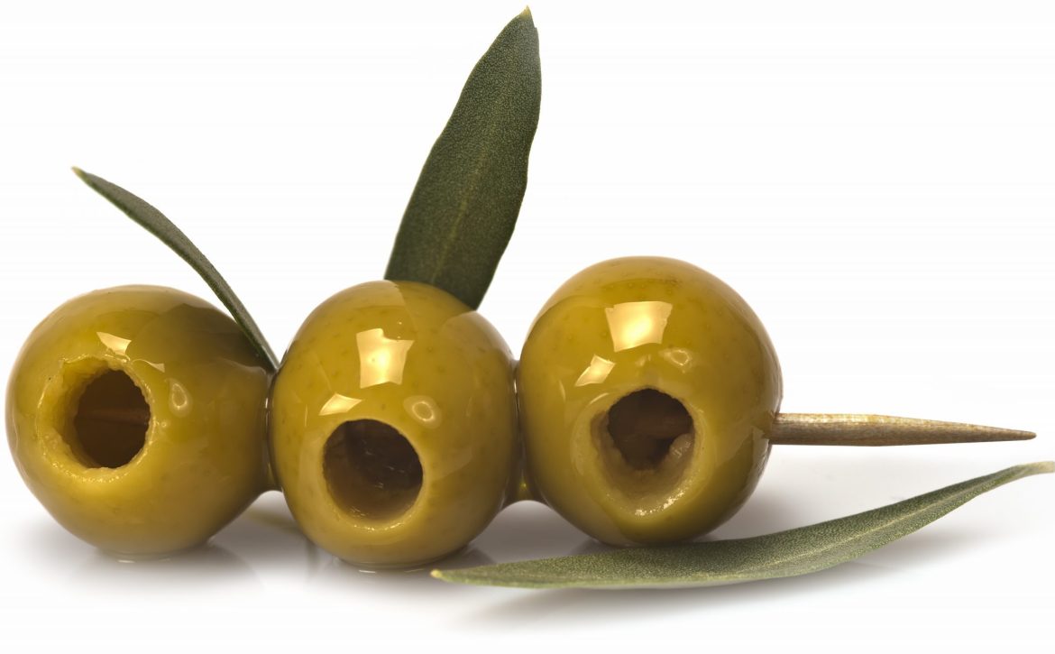 Three,Olives,On,A,Toothpick,Isolated,On,A,White,Background